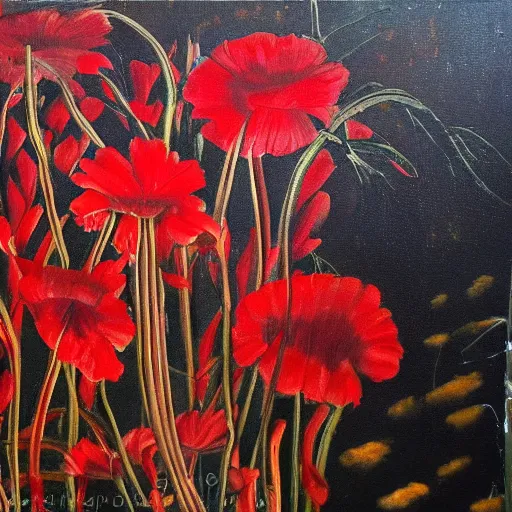 Image similar to oil painting of many various red flowers on a dark background, painted by Sandro Botticelli, the flowers are floating and are seen from the side, dark atmosphere, realistic flowers oil painting