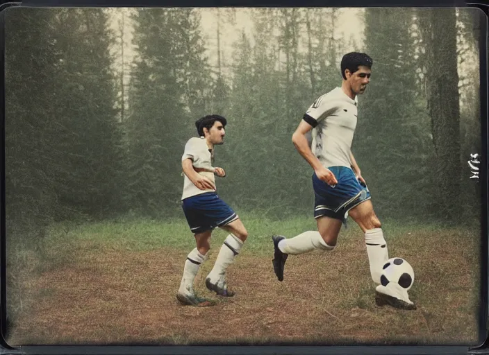 Image similar to medium shot, mikel arteta playing soccer in woods, polaroid photo, vintage, neutral colors, by gregory crewdson