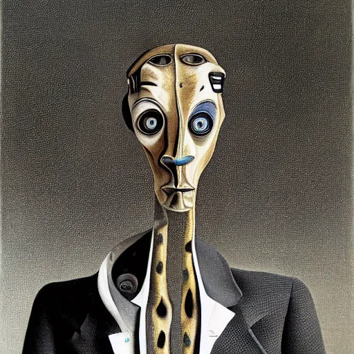 Image similar to A portrait of a humanoid giraffe wearing a suit, eerie, by Salvador Dali