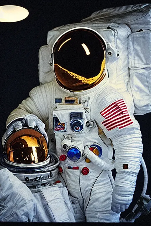 Prompt: extremely detailed studio portrait of space astronaut taking a selfie, holds a smart phone in one hand, phone!! held up to visor, reflection of phone in visor, moon, extreme close shot, soft light, golden glow, award winning photo by letizia battaglia