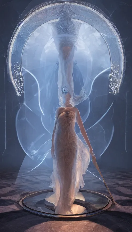 Prompt: goddess of illusion, beautiful, stunning, breathtaking, mirrors, glass, magic circle, magic doorway, fantasy, mist, bioluminescence, hyper - realistic, unreal engine, with vray