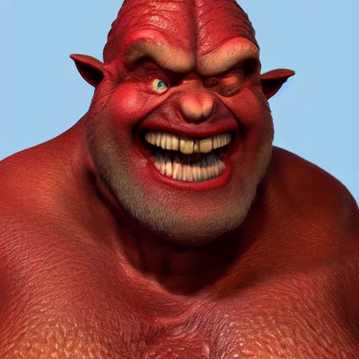 Image similar to portrait of funny red ogre, unreal engine render, volumetric light, high détail