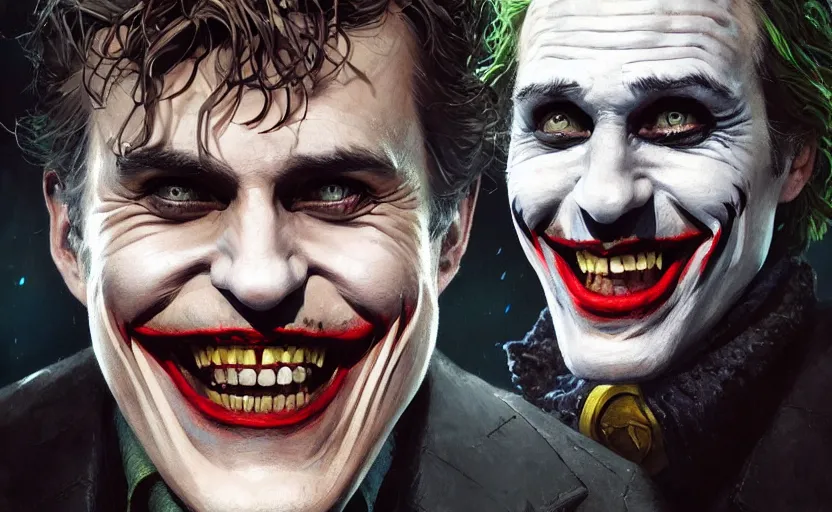 Image similar to highly detailed portrait of christoph waltz as the joker laughing, in batman comic book, stephen bliss, unreal engine, fantasy art by greg rutkowski, loish, rhads, ferdinand knab, makoto shinkai and lois van baarle, ilya kuvshinov, rossdraws, tom bagshaw, global illumination, radiant light, detailed and intricate environment