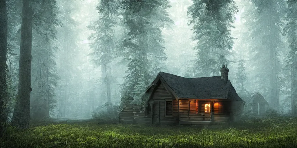 Prompt: a cottage in the woods and empty woods, fantasy, hyper realistic, dramatic lighting, 8k