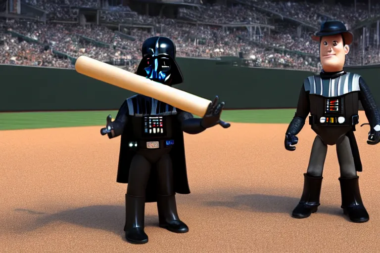 Image similar to Darth Vader at a baseball game holding a bat. 3d rendering, toy story style, pixar style, far view.