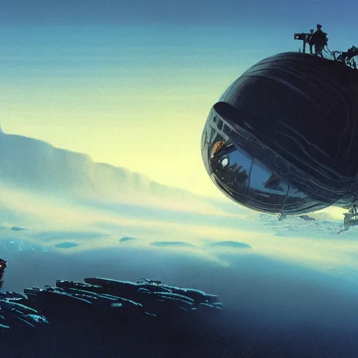 Image similar to Frozen frontiers on an alien planet, floating mountains above clouds in the background, vanishing perspective of a road, ravine, Syd Mead, John Harris, Federico Pelat,