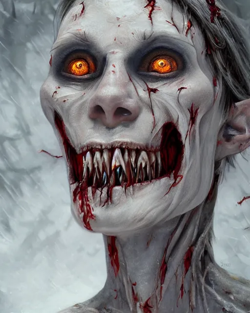 Prompt: Horrifying detailed painting of a pale, emaciated humanoid creature. It has sharp teeth and claws with pale milky eyes; snow, woods, blood; dark cinematic lighting, hyper detailed, moody; painted by Greg Rukowtski, trending on Artstation