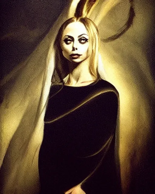 Prompt: style of henry fuseli : : gorgeous willa holland : : evil witch, swirling black magic, black dress : : symmetrical face, symmetrical eyes : : full body pose : : gorgeous black hair : : magic lighting, low spacial lighting : :