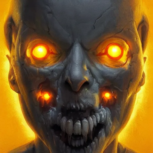 Image similar to divine zombie head symbol glowing in white yellow light spell scroll art by artgerm and greg rutkowski and Craig Mullins, James Jean, Andrey Ryabovichev, Mark Simonetti and Peter Morbacher 16k