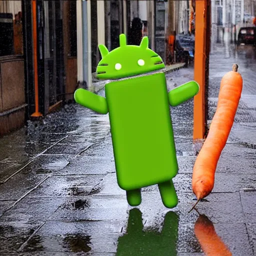 Prompt: a crying cat in the middle of a wet street while wearing a funny carrot costume, android photograph, meme picture