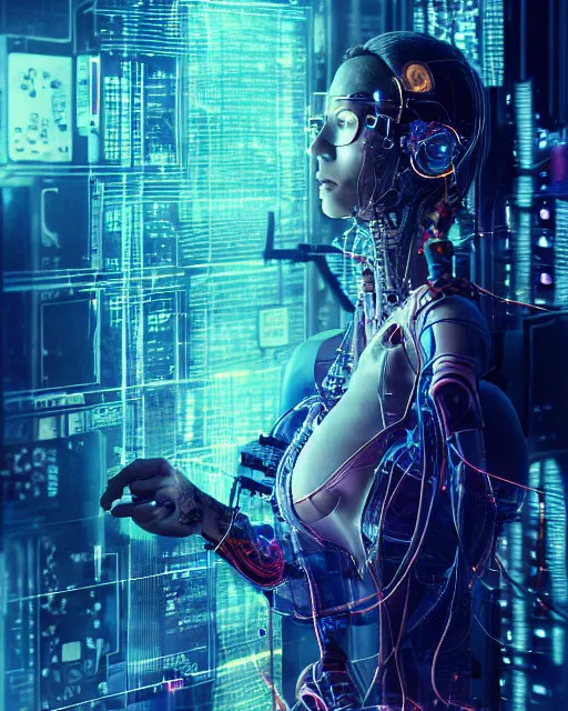 Image similar to a human heart cyberpunk style, revealing wires and electronics, hooked - up, sci - fi, missing panels, intricate abstract upper body intricate artwork, concept art, octane render, deviantart, cinematic, key art, hyperrealism, iridescent accents, portrait photograph, nikon 3 5 mm, photograph by greg rutkowski