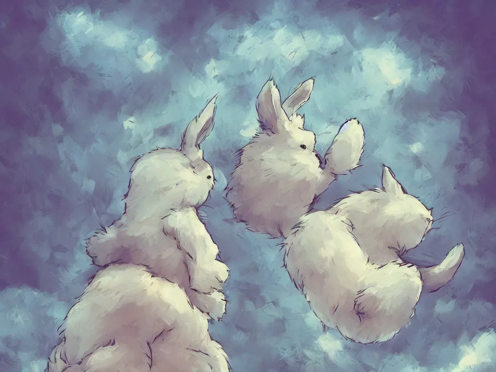 Image similar to a fluffy bunny, ideas floating around above its head, Aesthetically pleasing, digital concept art background by Hayao Miyazaki and Studio Ghibli, fine art, official media, high definition, illustration, ambient lighting, HDR, HD, UHD, 4K, 8K, cinematic, high quality scan, award winning, trending, featured, masterful, dynamic, energetic, lively, elegant, intricate, complex, highly detailed, Richly textured, Rich vivid Color, masterpiece.