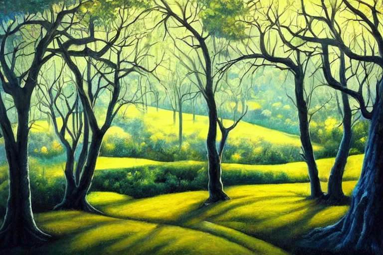 Prompt: masterpiece painting of oak trees on a hillside overlooking a creek, dramatic lighting, by kelly mckernan