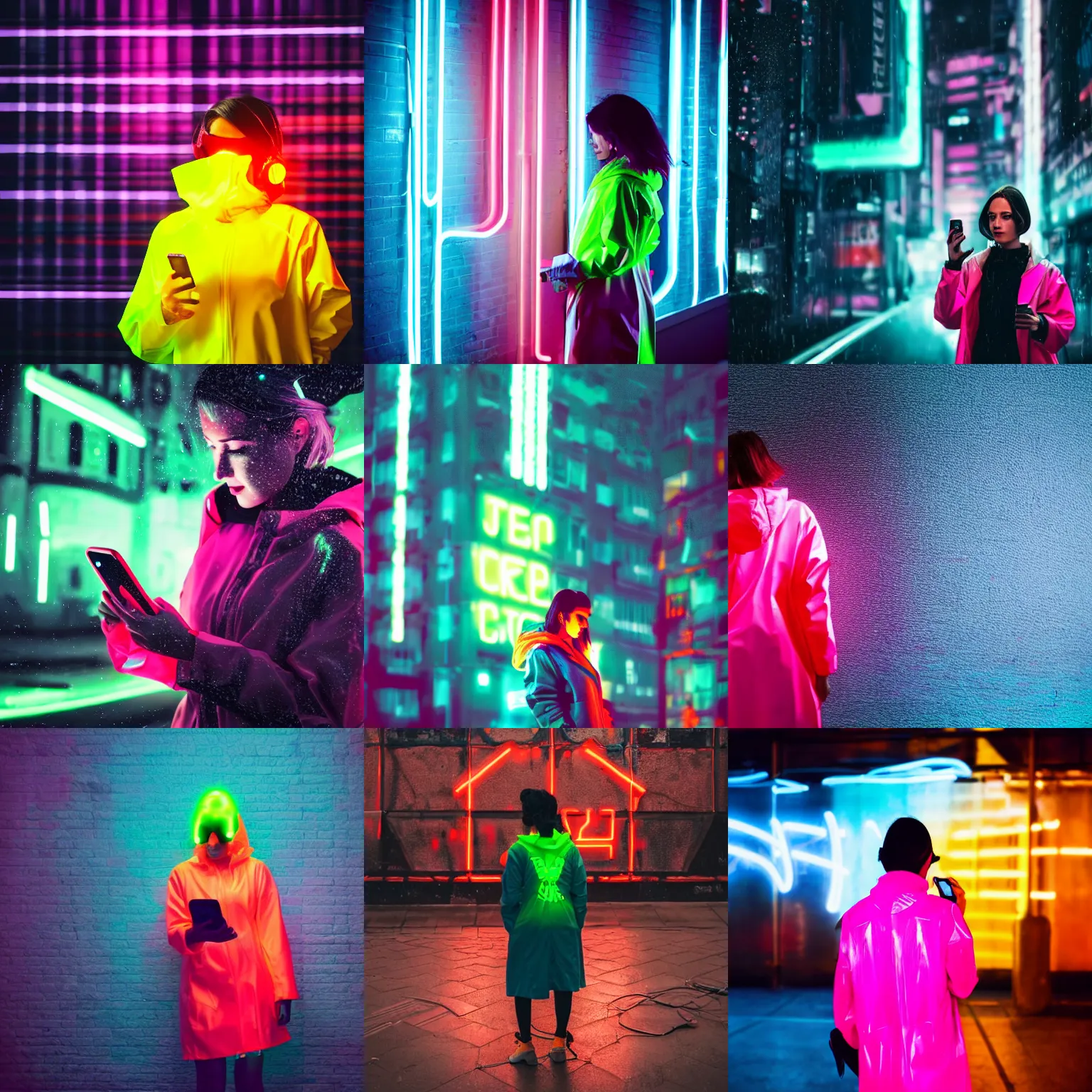 Prompt: a woman in a neon raincoat using a cell phone, cyberpunk art by elsa bleda, featured on shutterstock, panfuturism, neon, futuristic, glowing neon