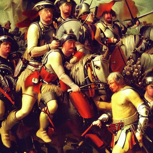 Prompt: found footage of general boris johnson leading his men into battle, glorified image, 8k, oil painting, renaissance style, fibbonacci layout