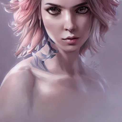 Image similar to portrait of a young woman with short pink spiky hair and dark eyes, intricate, elegant, highly detailed, digital painting, artstation, concept art, sharp focus, illustration, art by aleksi briclot, rutkowski