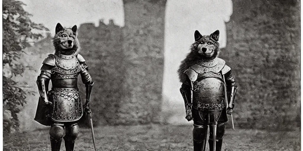 Image similar to anthropomorphic furry wolf in armor standing tall in front of a castle, 1900s picture