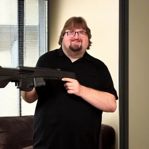 Prompt: Gabe Newell delivering a pistol to an apartment
