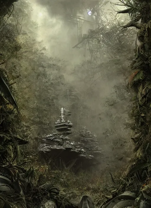 Prompt: huge aircraft carrier, USS Nimitz, overgrown with vegetation laying on the ground of a tropical forest, rotten, rusty, post appocalyptic illustration by Luis Royo, by Greg Rutkowski, dark, gritty, intricate, cover illustration, concept art, volumetric lighting, volumetric atmosphere, sharp focus, octane render, trending on artstation, 8k