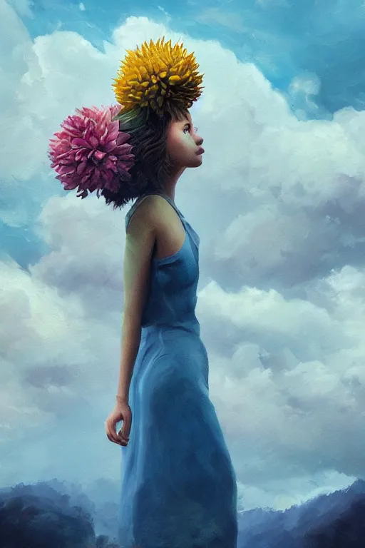 Image similar to closeup girl with giant dahlia flower as head, standing on mountain, surreal photography, blue storm clouds, dramatic light, impressionist painting, digital painting, artstation, simon stalenhag