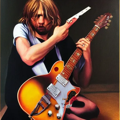 Prompt: Kurt Cobain playing guitar by Mario Testino, oil painting by by Caravaggio