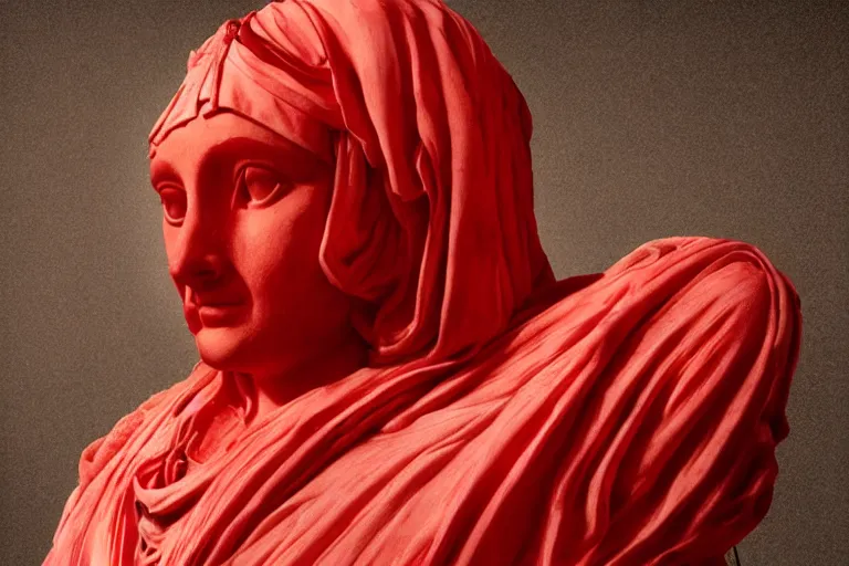 Prompt: a cinematic view of a ornated holy marble sphinx statue using an old red silk veil made by hedi xandt, chris haas and bernini, realistic, macabre art, detailed image, photorealistic, volummetric light