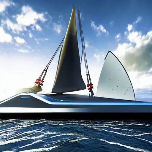 Image similar to futuristic sailship with solar panels mid-journey with robot sailors