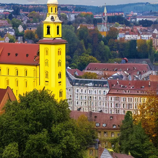 Prompt: a large yellow building with a steeple on top of it, on a hill, a flemish baroque by karl stauffer - bern, unsplash, heidelberg school, panorama, wimmelbilder, nikon d 7 5 0