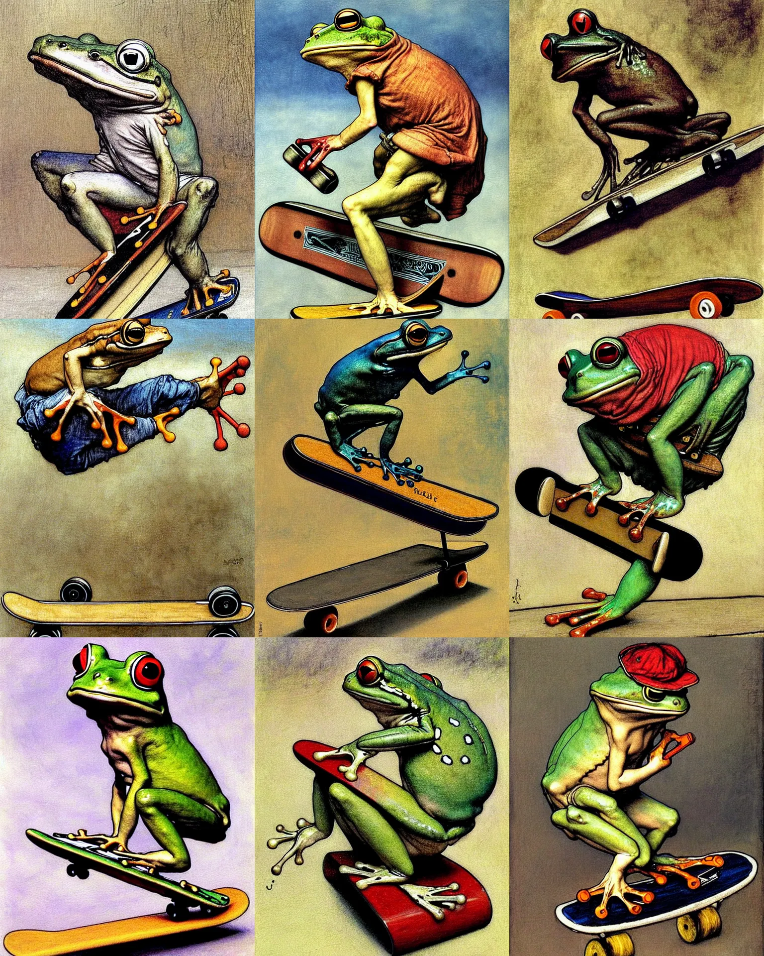 Prompt: painting 1990s Frog doing tricks on skateboard Old school rap, Tony Hawk by Arthur Rackham, Eugene de Blaas, Frederic Leighton