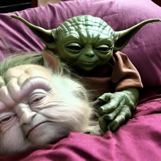 Image similar to yoda and putin sleeping in bed together