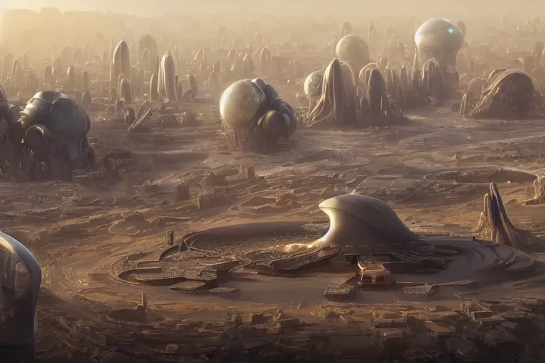 Prompt: a futuristic image of an alien desert with a gigantic mushroom shaped spaceport, metal jellyfish spaceships, fine detail, by James clyne and Andrée Wallin, foggy, cyberpunk city in the distance, iridescent, artstation, CG society, Ariel view, concept art, extra wide angle, morning light