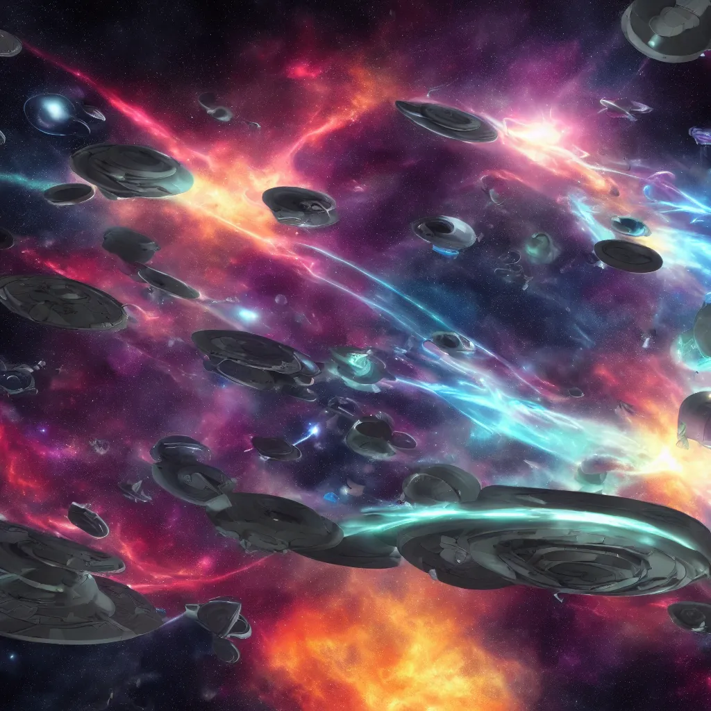 Image similar to galactic space fleet flying into a warp portal, 8 k resolution