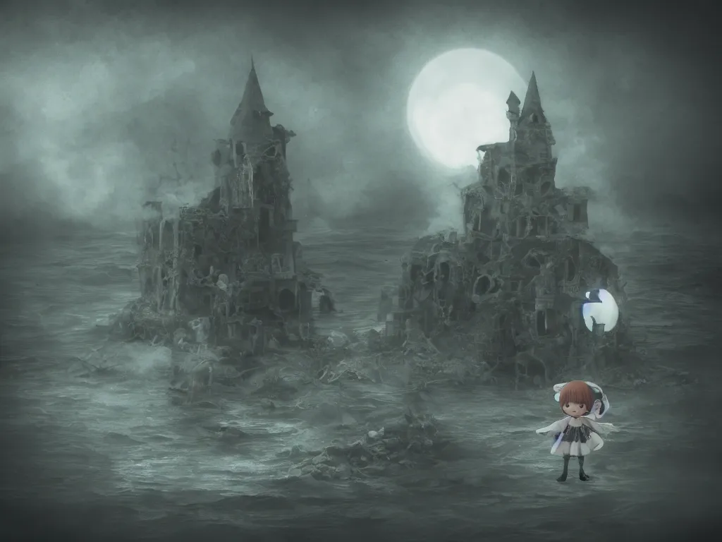 Prompt: cute fumo plush girl witch on a tiny island of concrete brutalist ruins surrounded by murky river water, river styx, cursed otherworldly chibi gothic horror wraith maiden, lost in the milky void, hazy heavy magical glowing swirling murky volumetric fog and smoke, moonglow, lens flare, vray