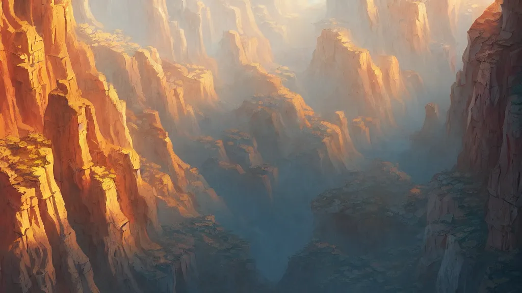 Prompt: an ancient arid prehistoric canyon, by sylvain sarrailh, rossdraws, ambient light, ultra detailed, fantasy artwork, 8 k, volumetric lighting, trending on artstation, award winning, beautiful scenery