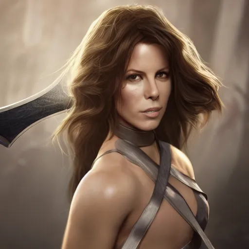 Image similar to kate beckinsdale as a swordswoman, by li didivi, by yun ling, by shal. e, grim expression, unreal engine, octane rendering, 8 k, closeup, full body, smooth, trending on artstation, digital illustration, grey hair