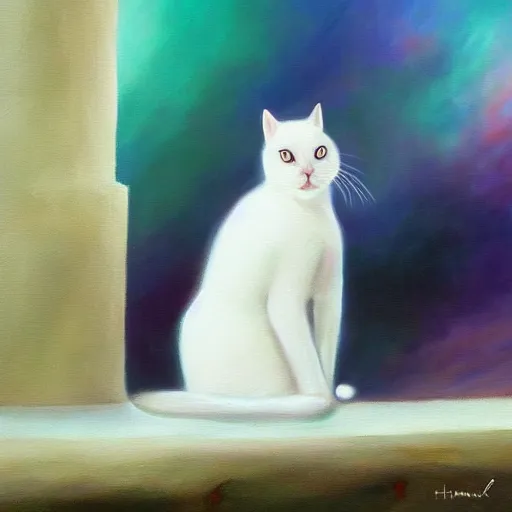 Prompt: a painting of a white cat with angel wings, a fine art painting by hanns katz, trending on deviantart, angelic photograph, majestic