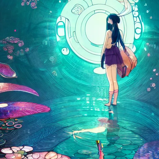 Image similar to a beautiful hyperdetailed character design 4 k wallpaper illustration of a cute dolphin with a beautiful girl, victo ngai cyberpunk style, from china, style of studio ghibli, makoto shinkai, raphael lacoste, louis comfort tiffany, artgerm, james jean, ross tran, chinese style