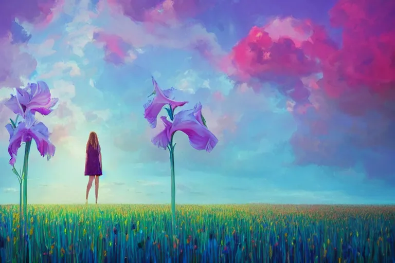 Image similar to giant gladiola head, girl walking in field of flowers, surreal photography, sunrise, blue sky, dramatic light, impressionist painting, digital painting, artstation, simon stalenhag