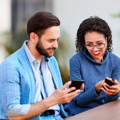 Image similar to man chuckling at his smartphone, woman sighing with frustration