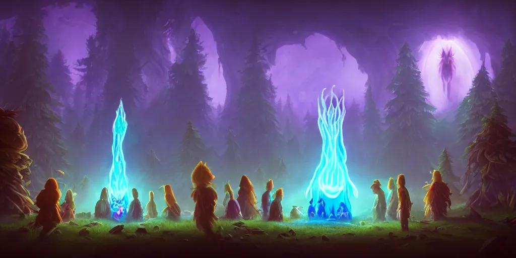 Image similar to group of forest wizards gathered around a summoning circle as a colossal ghostly donut - demon - hybrid - monster after - image emerges from a portal in the sky, glowing, culinary vibes, magic, fantasy colors, cinematic medium shot, 4 k hyper detailed, realistic, by riot games and julia yurtsev