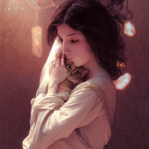 Image similar to portrait of a psych girl with her mad cat, intricate, elegant, highly detailed, digital painting, artstation, concept art, smooth, sharp focus, illustration, art by artgerm and greg rutkowski and alphonse mucha and william - adolphe bouguereau