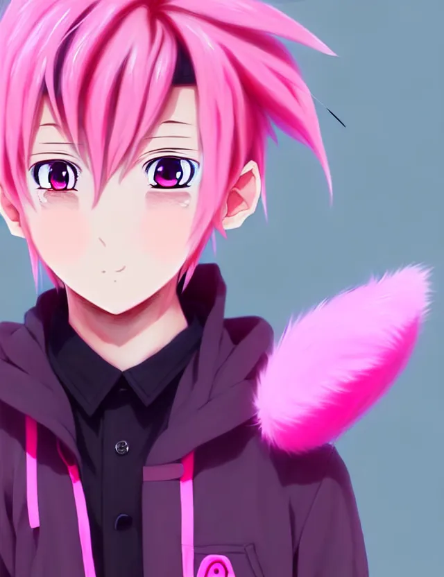 Image similar to portrait of a cute anime boy with pink hair and pink wolf ears and pink wolf tail wearing stylish clothes | | very detailed digital painting, trending on artstation, octane render, random artists