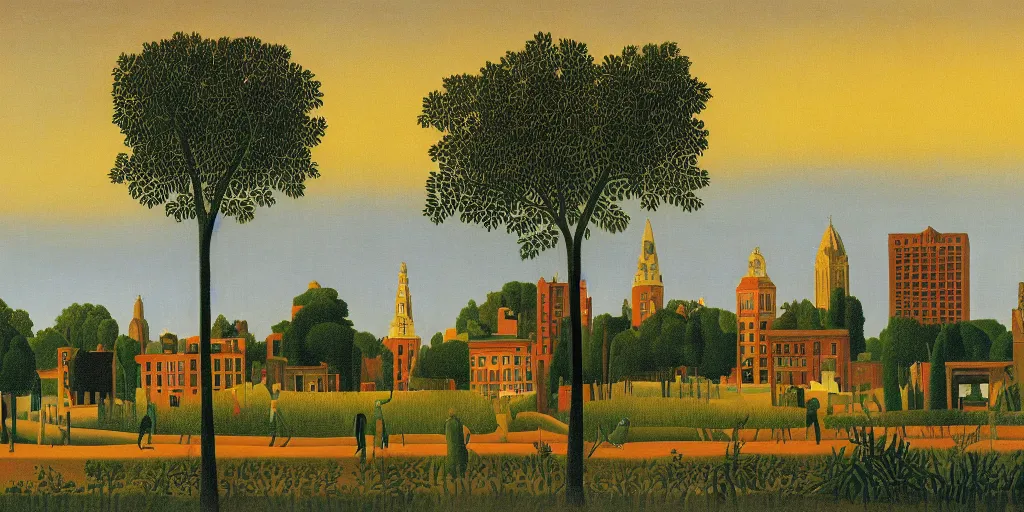 Image similar to a beautiful painting of Columbus Ohio by Henri Rousseau, golden hour, 8k, 4k