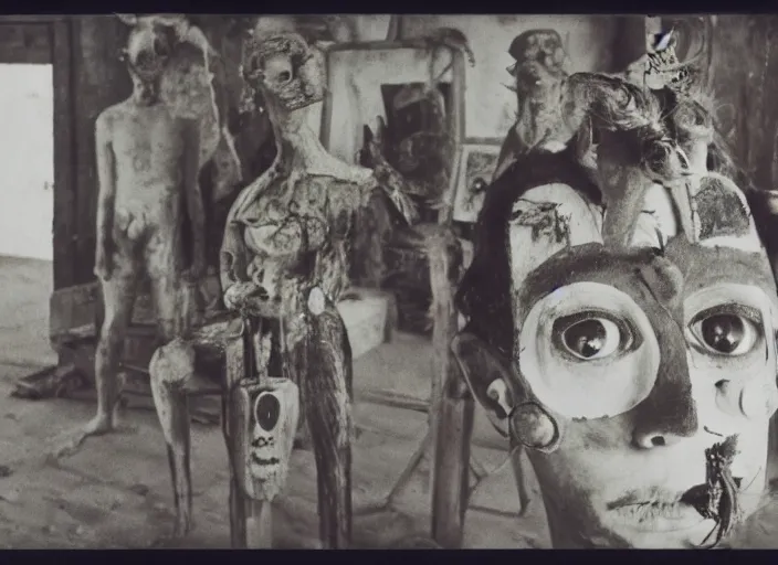 Image similar to polaroid still from an art house film by alejandro jodorowsky, roger ballen and maya deren : : surreal scene in a picturesque setting : : mirrors, masks, costumes : : close - up of the actors'faces : : cinemascope, technicolor, 4 k