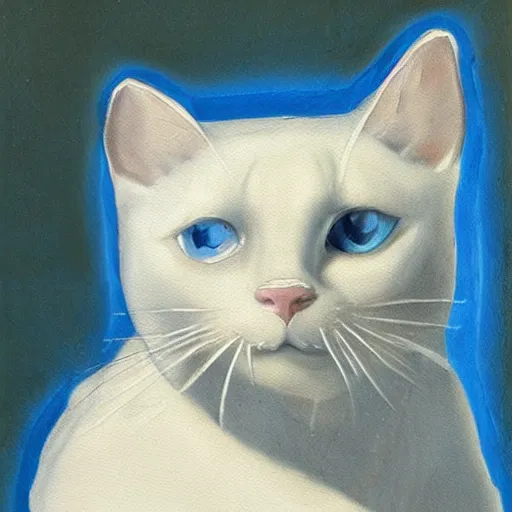 Image similar to a painting of a white cat with blue glowing eyes walking towards the viewer, in the style of leonardo da vinci.