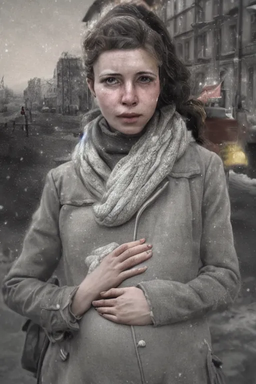 Image similar to full-length portrait of a pregnant woman on the street of besieged Leningrad, historically reliable photo chronicle, winter 1941, , ultra detailed, digital art, octane render, 4K, dystopian, micro details, by Greg Rutkowski and Raymond Swanland, Trending on Artstation