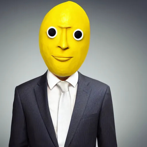 Image similar to a man wearing a suit lemon head