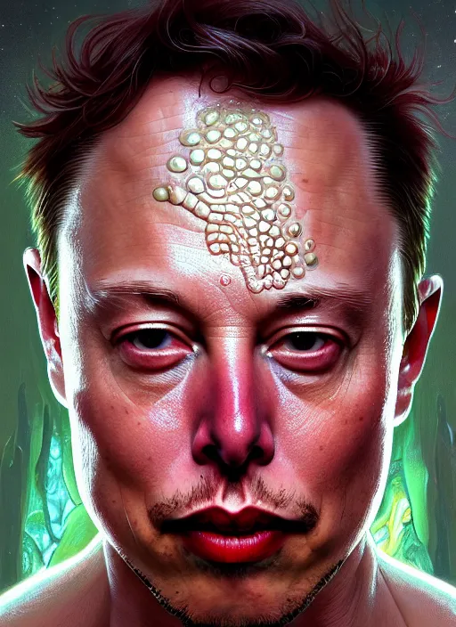 Image similar to elon musk as slimy mollusk, drool, portrait, intricate, elegant, highly detailed, digital painting, artstation, concept art, wallpaper, smooth, sharp focus, illustration, art by h. r. giger and artgerm and greg rutkowski and alphonse mucha