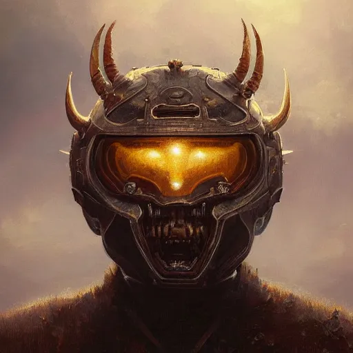 Prompt: breathtaking soft painting of angry demon with an intricate retrofuturistic helmet in a golden sky, realistic symmetrical face features, rembrandt style, elegant, highly detailed, artstation, concept art, matte, sharp focus, art by tom bagshaw, and greg rutkowski