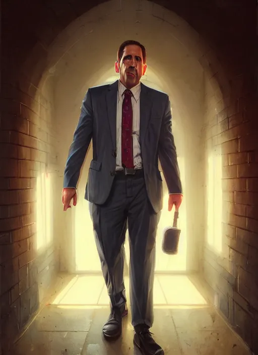 Image similar to highly detailed portrait of prison mike, michael scott, the office, steve carell, realistic, fantasy art by greg rutkowski, stanley artgerm, loish, rhads, tom bagshaw, global illumination, radiant light, detailed and intricate environment